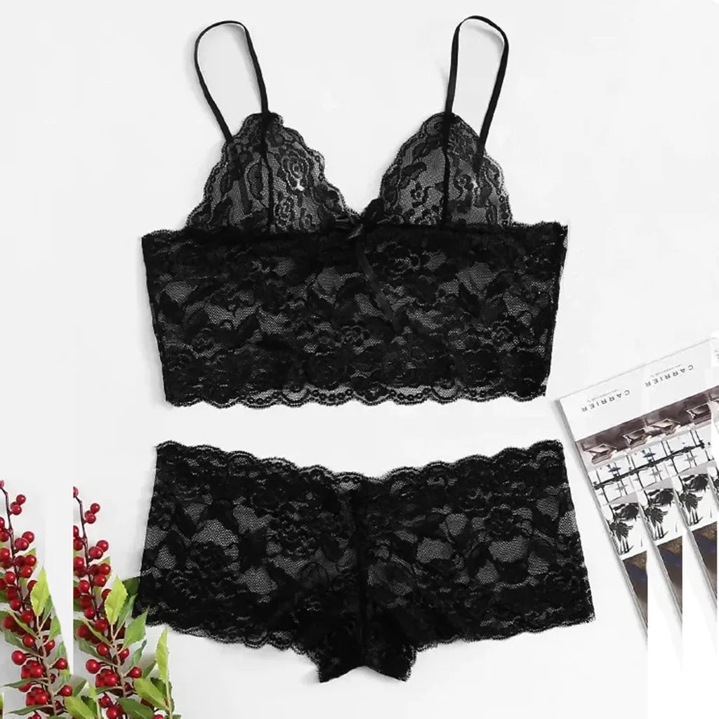 Sexy Women Lingerie Set Thin Lace Flower Printed Underwear Suit Female Adjustable Shoulder Underwear Sleepwear Briefs Set Белье