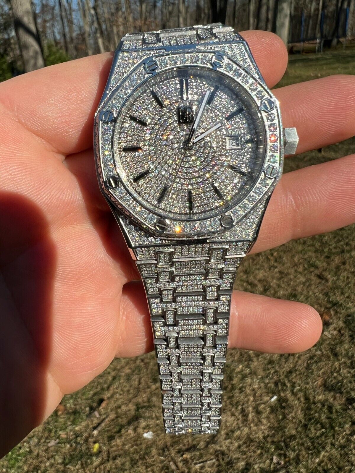 Real Mens MOISSANITE Watch Iced Automatic Skeleton 44Mm Hiphop Pass Diamond Test