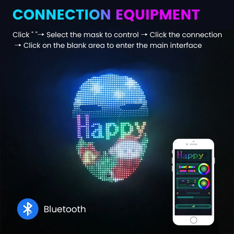 Halloween LED Display Programmable Mask LED Bluetooth RGB Light up Party DIY Photo Editing Animated Text Prank Concert Mask