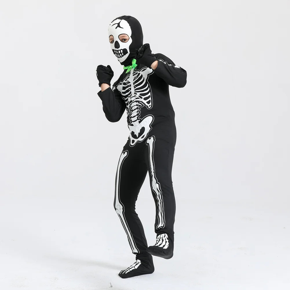 5-15T Glows in the Dark Skeleton Costume, Black Skelebones Jumpsuit, Halloween Costume for Kids Youth Boys Girls