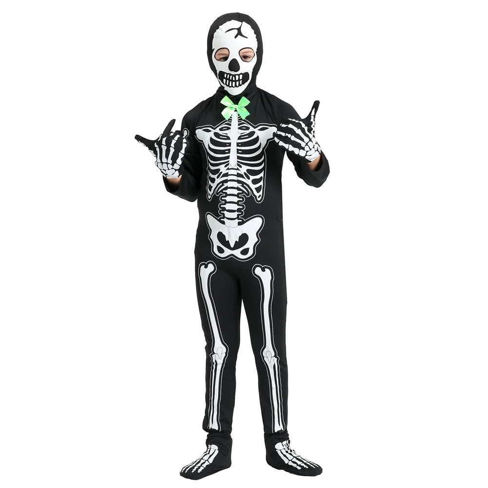 5-15T Glows in the Dark Skeleton Costume, Black Skelebones Jumpsuit, Halloween Costume for Kids Youth Boys Girls